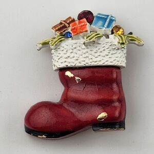 Vintage Red Enamel Christmas Stocking Boot‎ Brooch Pin Signed ART 2 " Tall